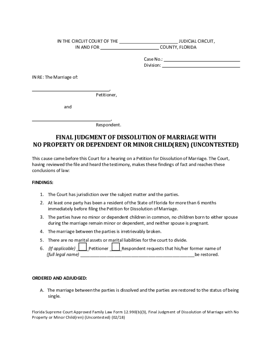  Florida Supreme Court Approved Family Law Form 12 990b3, Final Judgment of Dissolution of Marriage with No Property or Minor Chi 2018-2024