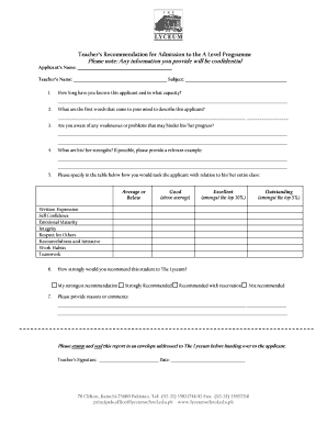 Teachers Recommendation Lyceum Admissions  Form