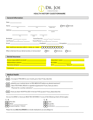HEALTH HISTORY QUESTIONNAIRE Date Dr Joe Dentistry  Form