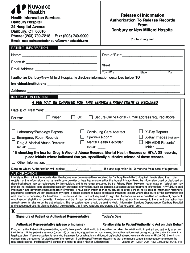 Authorization for Release of Information Form Danbury Hospital