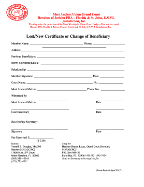 LostNew Certificate or Change of Beneficiary Most Ancient Union  Form
