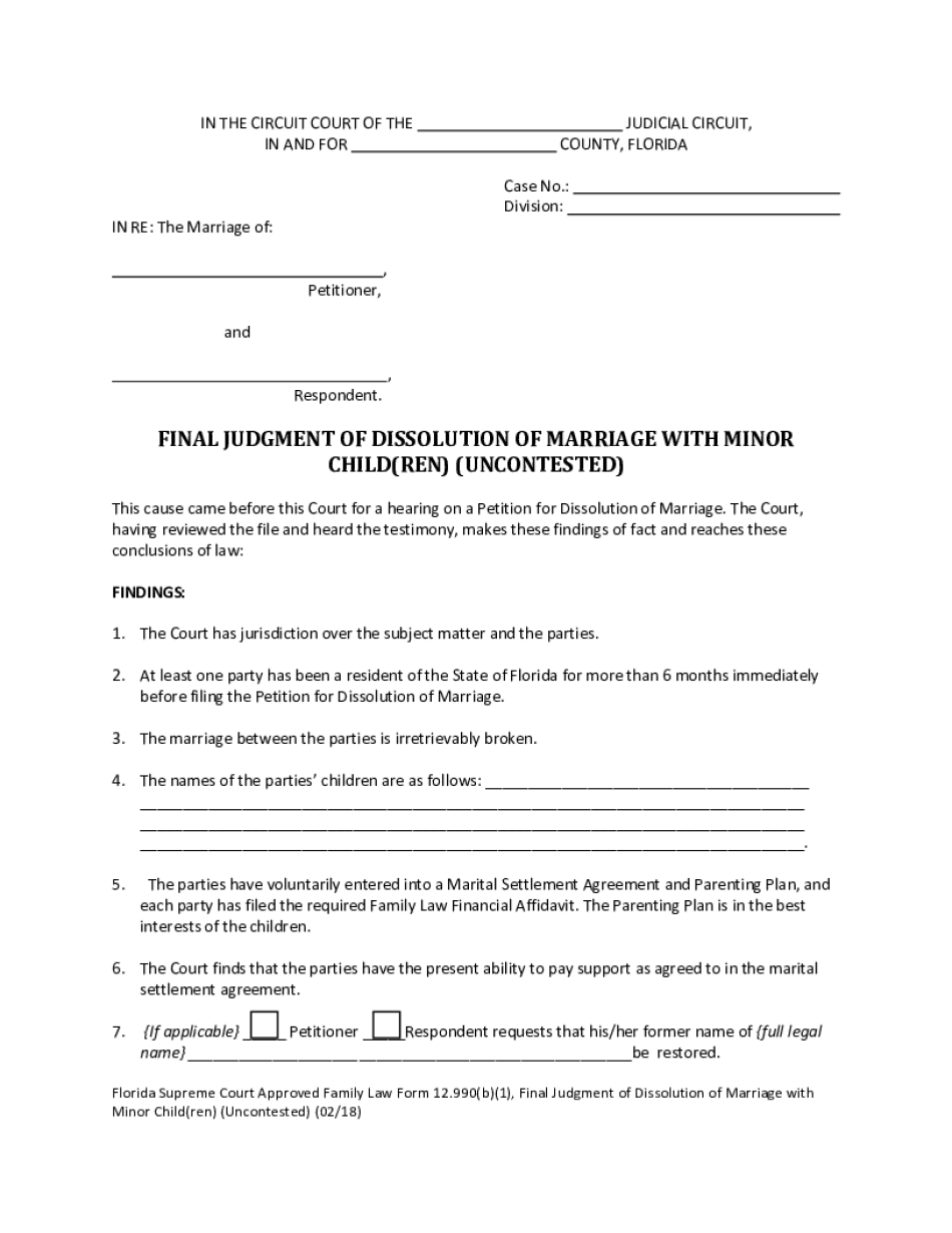  Florida Supreme Court Approved Family Law Form 12 990b1, Final Judgment of Dissolution of Marriage with Minor Children Uncontest 2018-2024