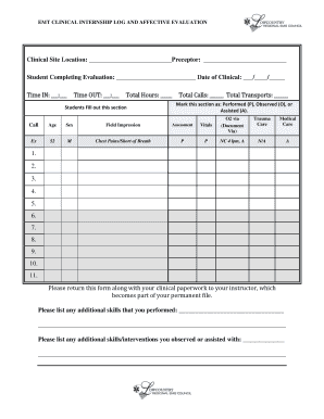 EMT CLINICAL INTERNSHIP LOG and AFFECTIVE EVALUATION  Form