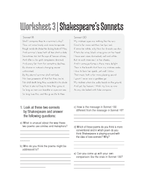 Worksheet 3 Shakespeare&#039;s Sonnets  Form