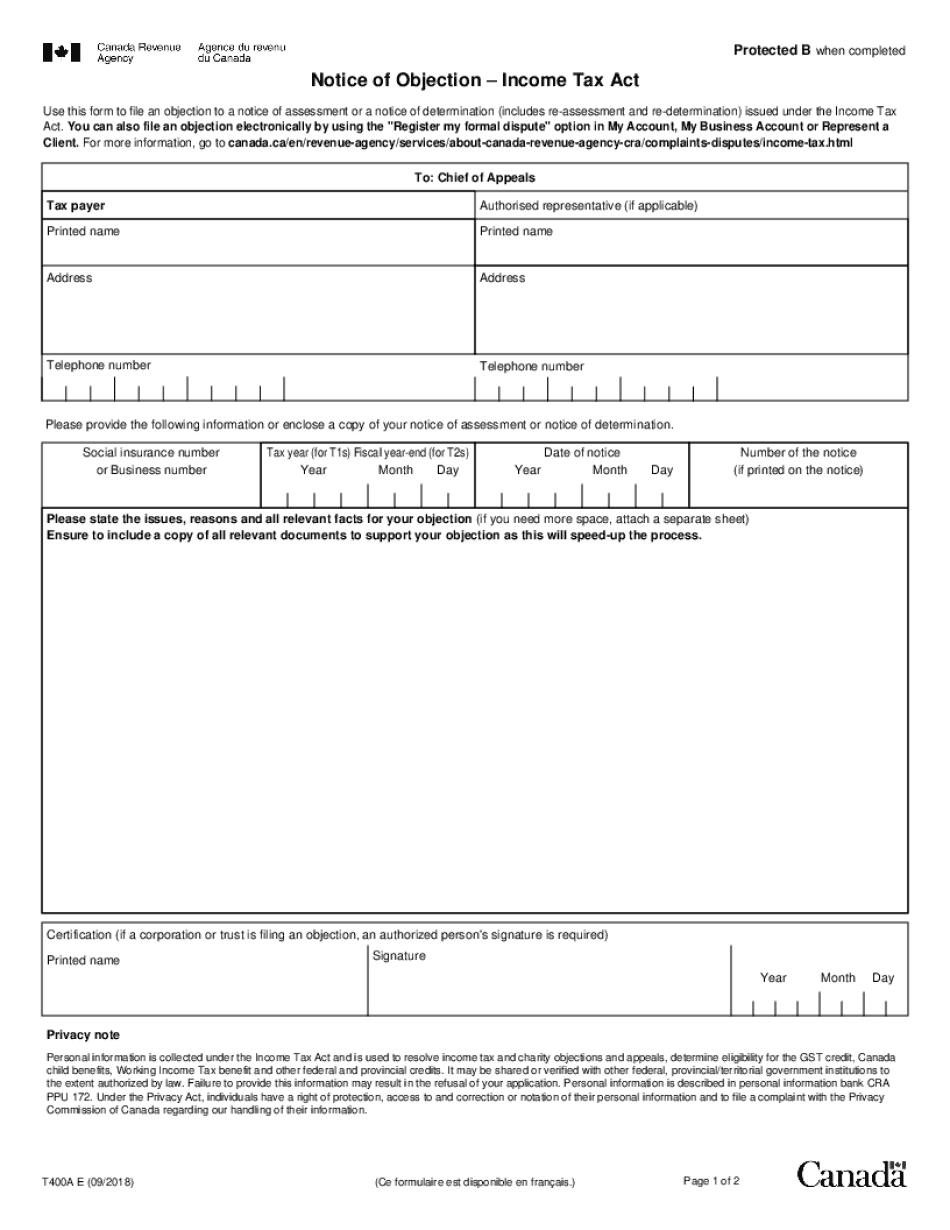  Notice of Objection Income Tax Act 2018-2024