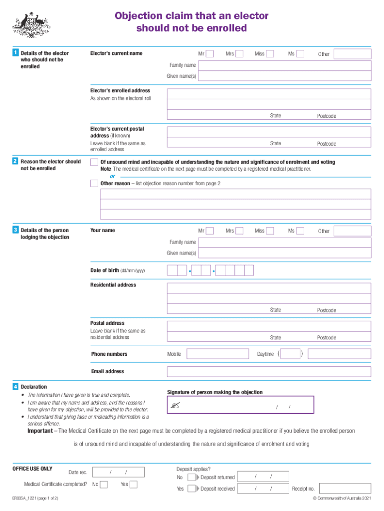 Objection Claim that an Elector Should Not Be Enrolled  Form