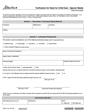 Verification for Need for Child Care Special Needs This Form is Filled Out When There is a Special Needs Referral Required for a