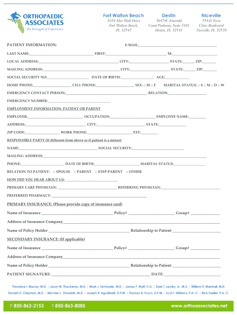 Dr Chipman New Patient Forms PDF Orthopaedic Associates