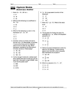 Algebraic Models Module Quiz B  Form