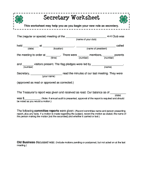 4 H Secretary Worksheet  Form