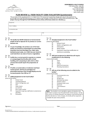 Plan Review Vs Food Facility Code Evaluation Questionnaire  Form