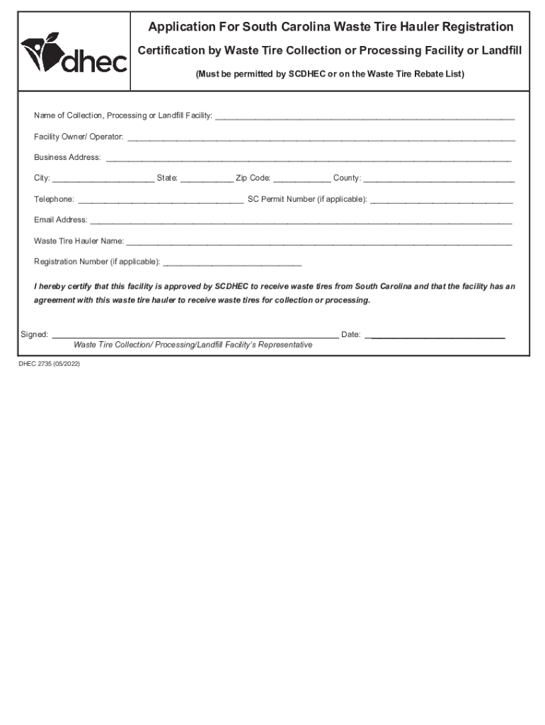 South Carolina Waste Tire Hauler Registration Form