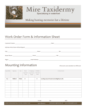 Taxidermy Work Order Forms