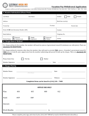 Local 183 Vacation Pay Withdrawal  Form