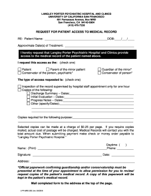 Obtaining Your Medical Records UCSF Department of Psychiatry  Form