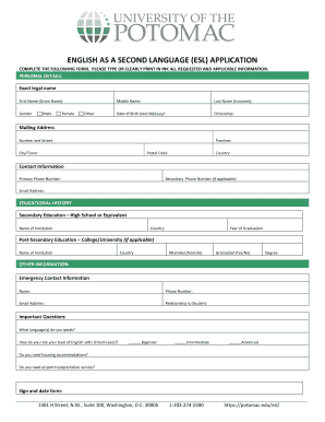 ENGLISH as a SECOND LANGUAGE ESL APPLICATION  Form