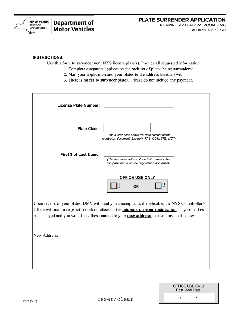  Plate Surrender Application Ny 2016