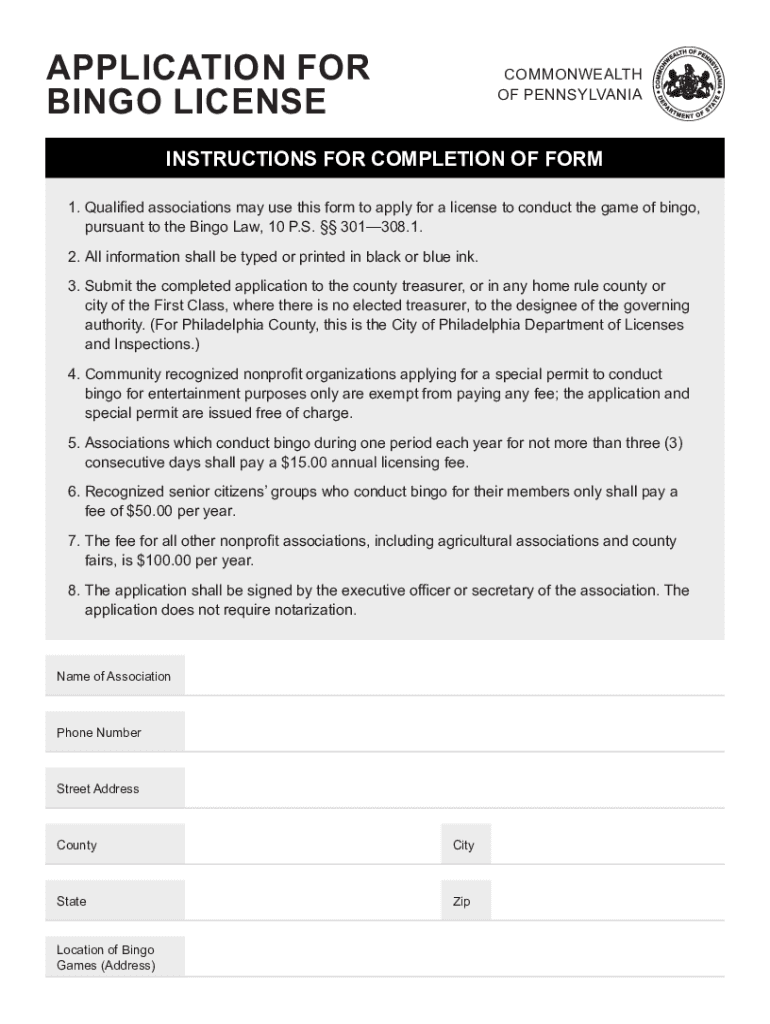 APPLICATION for BINGO LICENSE  Form