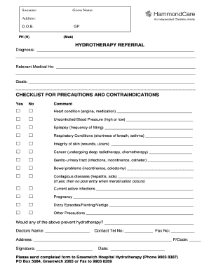 Hydrotherapy Referral Form HammondCare Greenwich Hospital
