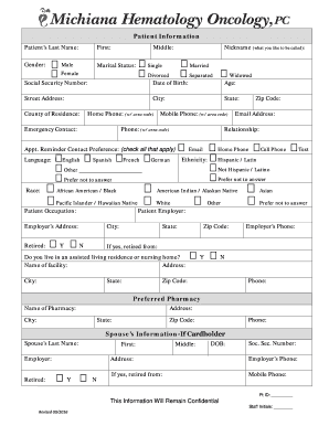  Patient Registration Form Michiana Hematology Oncology 2016-2024