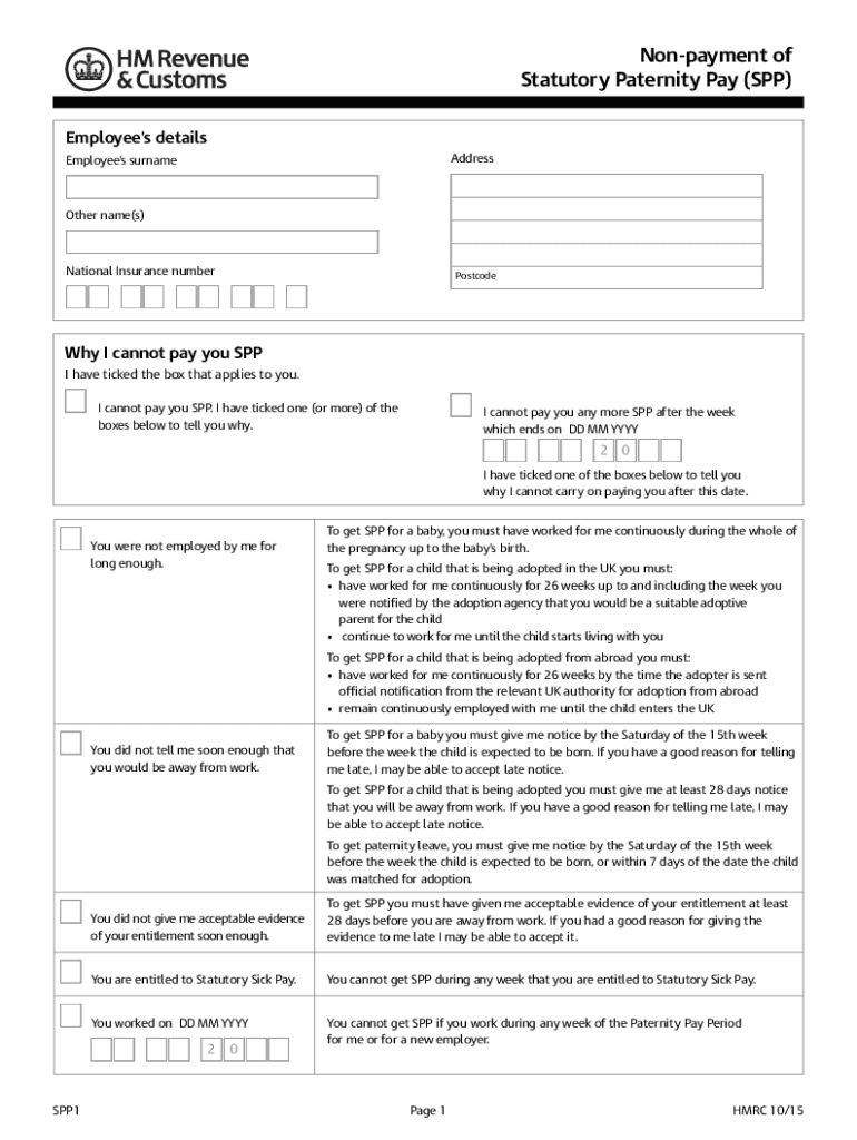  Non Payment of Statutory Paternity Pay SPP 2015-2024