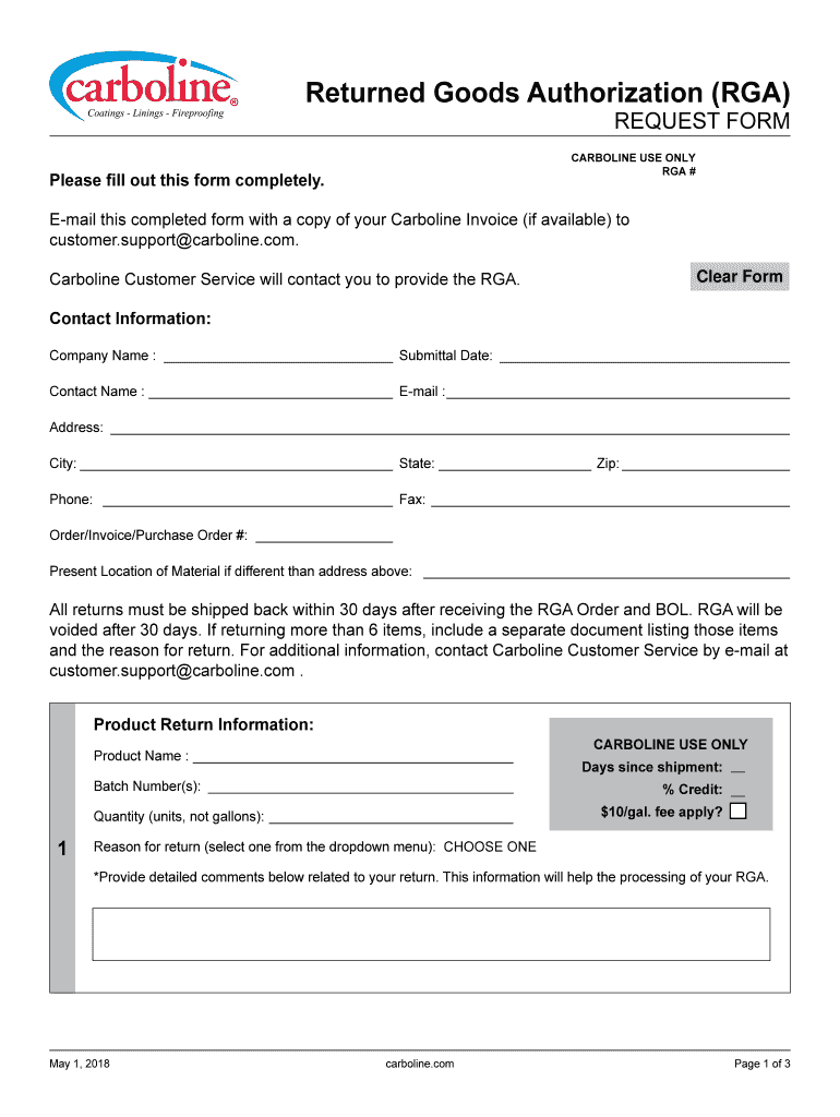 Returned Goods Authorization RGA Carboline  Form