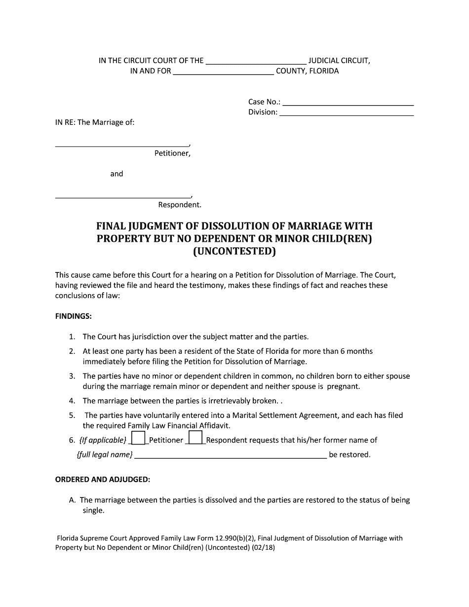  Florida Supreme Court Approved Family Law Form 12 990b2, Final Judgment of Dissolution of Marriage with Property but No Depe 2018-2024