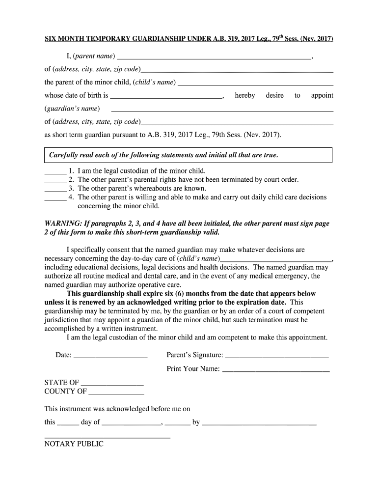 Six Month Temporary Guardianship Agreement PDF Fillable  Form