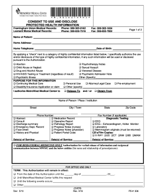 Framingham Union Hospital Medical Records  Form
