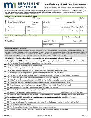 Minnesota Certified Copy Certificate  Form