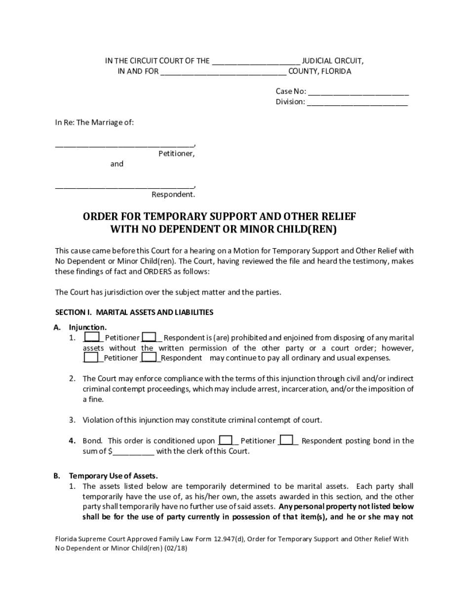  Florida Supreme Court Approved Family Law Form 12 947d, Order for Temporary Support and Other Relief with No Dependent or Minor  2018-2024