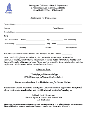 Application for Dog License Caldwell Health Caldwell, NJ  Form