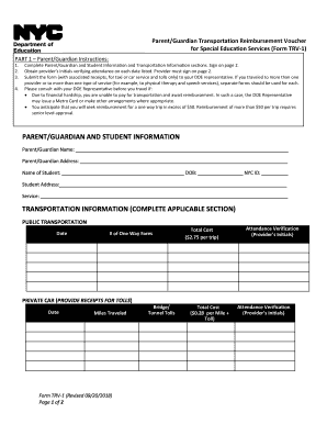 Parent Guardian Transportation Reimbursement Voucher Form TRV1 09