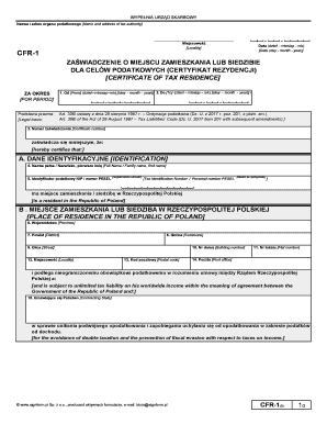 CFR 1 5 Zawiadczenie O Miejscu Zamieszkania Lub Siedzibie Dla Celw Podatkowych Certyfikat Rezydencji Certificate of Fiscal Resid  Form