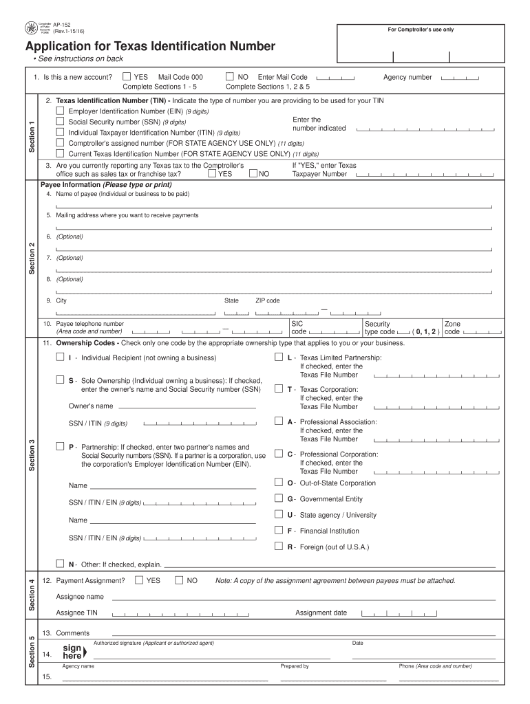  Texas Identification Number 2015