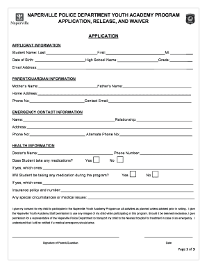 Consent Form, Waiver &amp; Release the City of Naperville