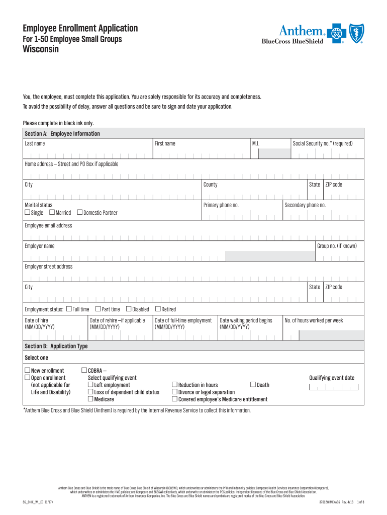  WI Anthem Employee Enrollment Application for 1 50 Employee Small Groups 2017-2024