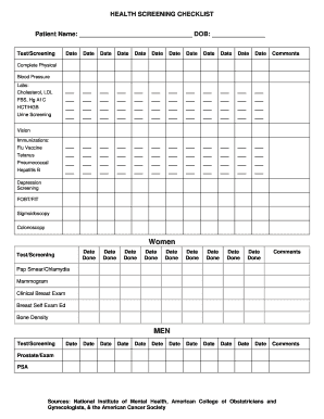 Women&#039;s Health Screening Checklist PDF  Form