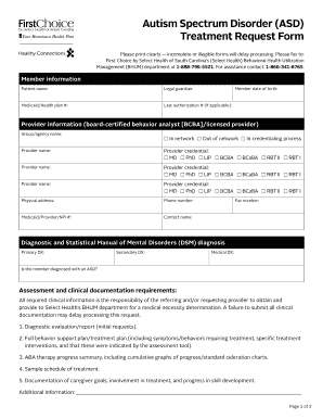 Autism Spectrum Disorder ASD Treatment Request Form Providers Select Health of South Carolina Autism Spectrum Disorder ASD Treat