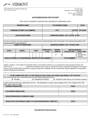  Vermont Authoriuzation for Payoff 2015-2024