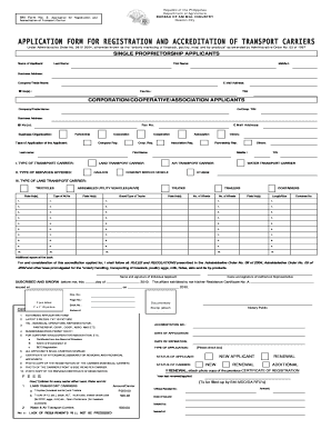 Bai Application Form for Registration and Accreditation of Transport Carriers