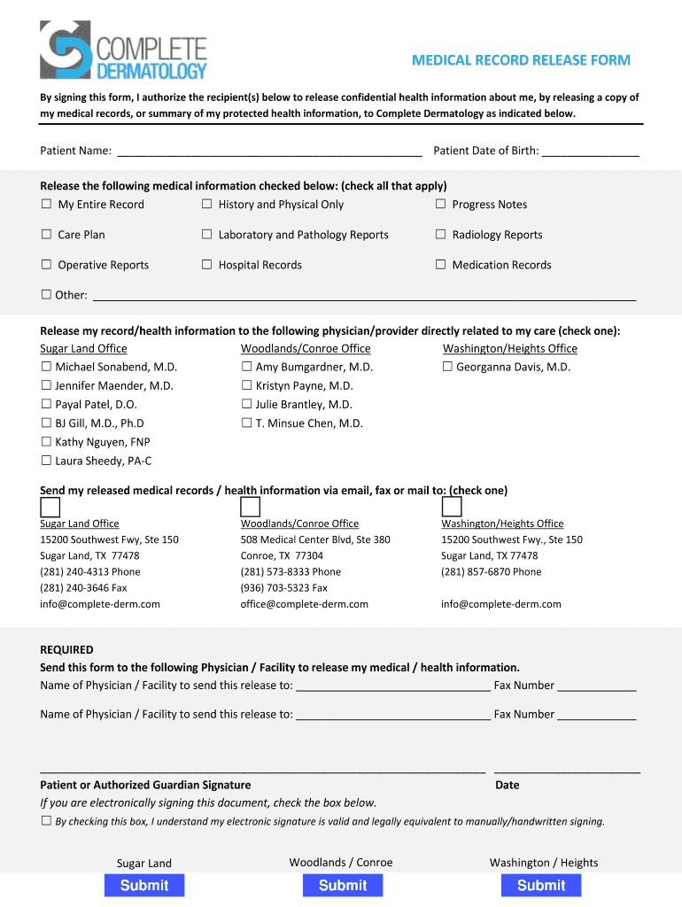 Medical Release Form Complete Dermatology