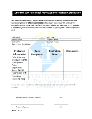 TCP Form 909 Personnel Protected Information Certification
