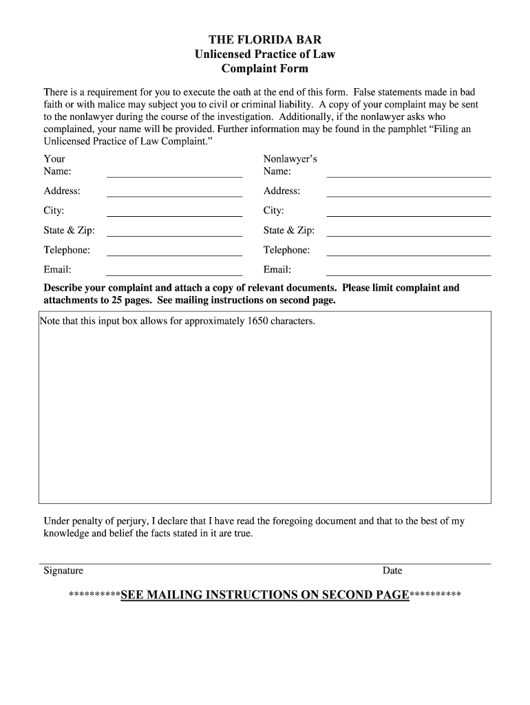 Florida Bar Lawyer Complaint Form