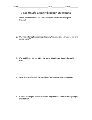 I Am Malala Comprehension Questions and Answers PDF  Form