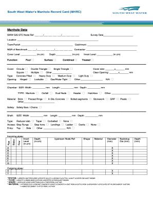 Manhole Record Card South West Water  Form