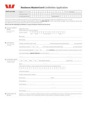 Business MasterCard Cardholder Application Westpac  Form