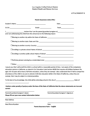 Parent Assurance Letter PAL  Form