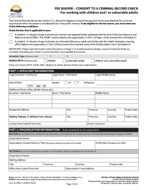 Fee Waiver Consent to a Criminal Record Check for Working with Children Andor Vulnerable Adults Form CRR017 Criminal Record Chec