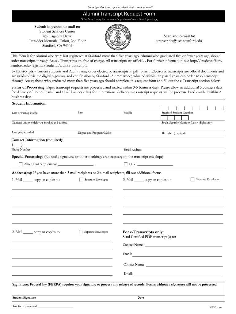 Get and Sign Stanford University Transcripts 2013-2022 Form